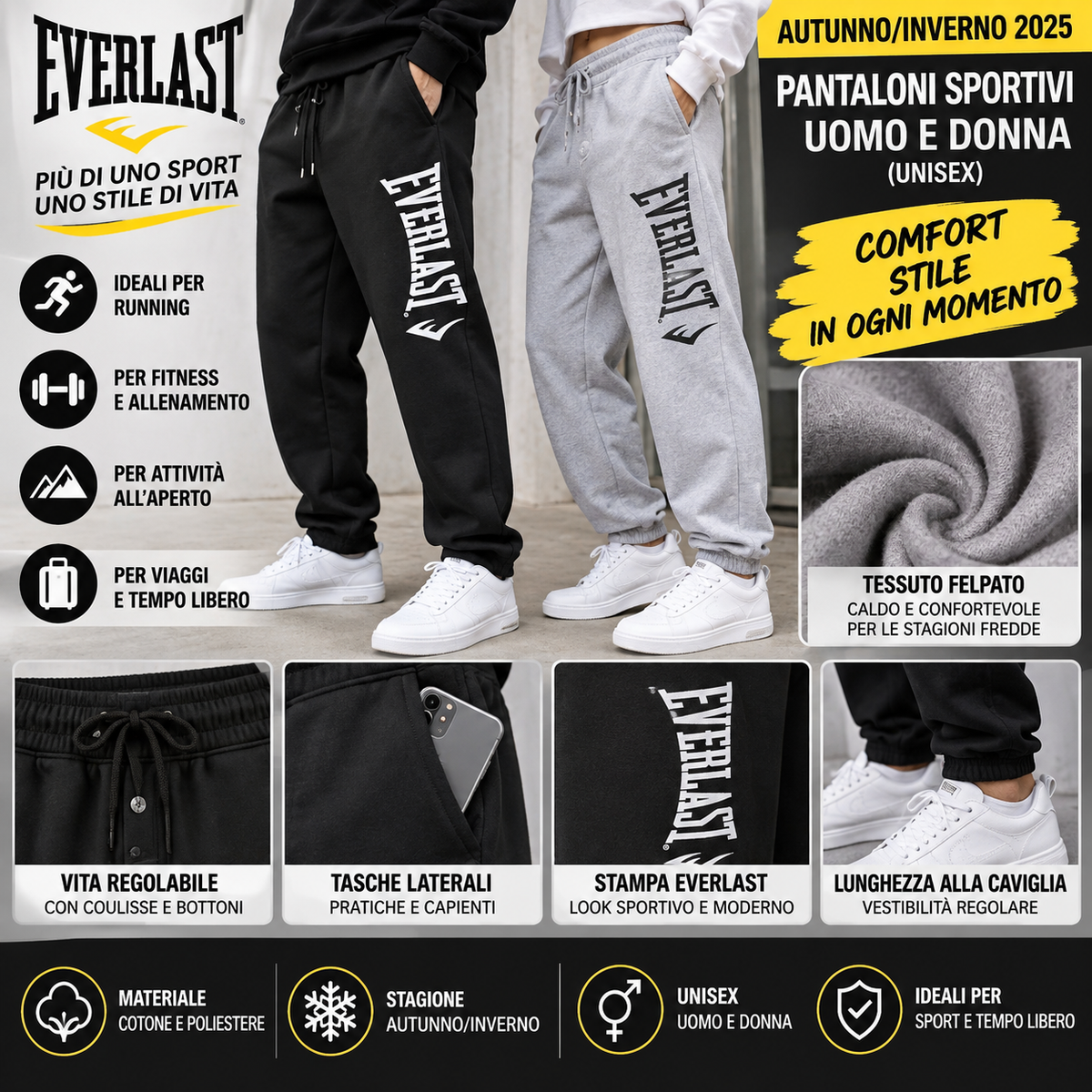 Pantaloni sportivi EVERLAST autunno/inverno 2025, unisex, con stampa, ideali per running, fitness e attività all’aperto. Joggers casual in tessuto felpato, comodi per lo sport e il tempo libero.