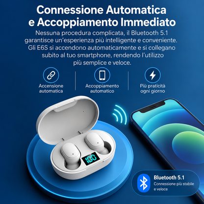 Auricolari Wireless TWS E6S Bluetooth 5.0 con Microfono, Custodia di Ricarica e Riduzione del Rumore