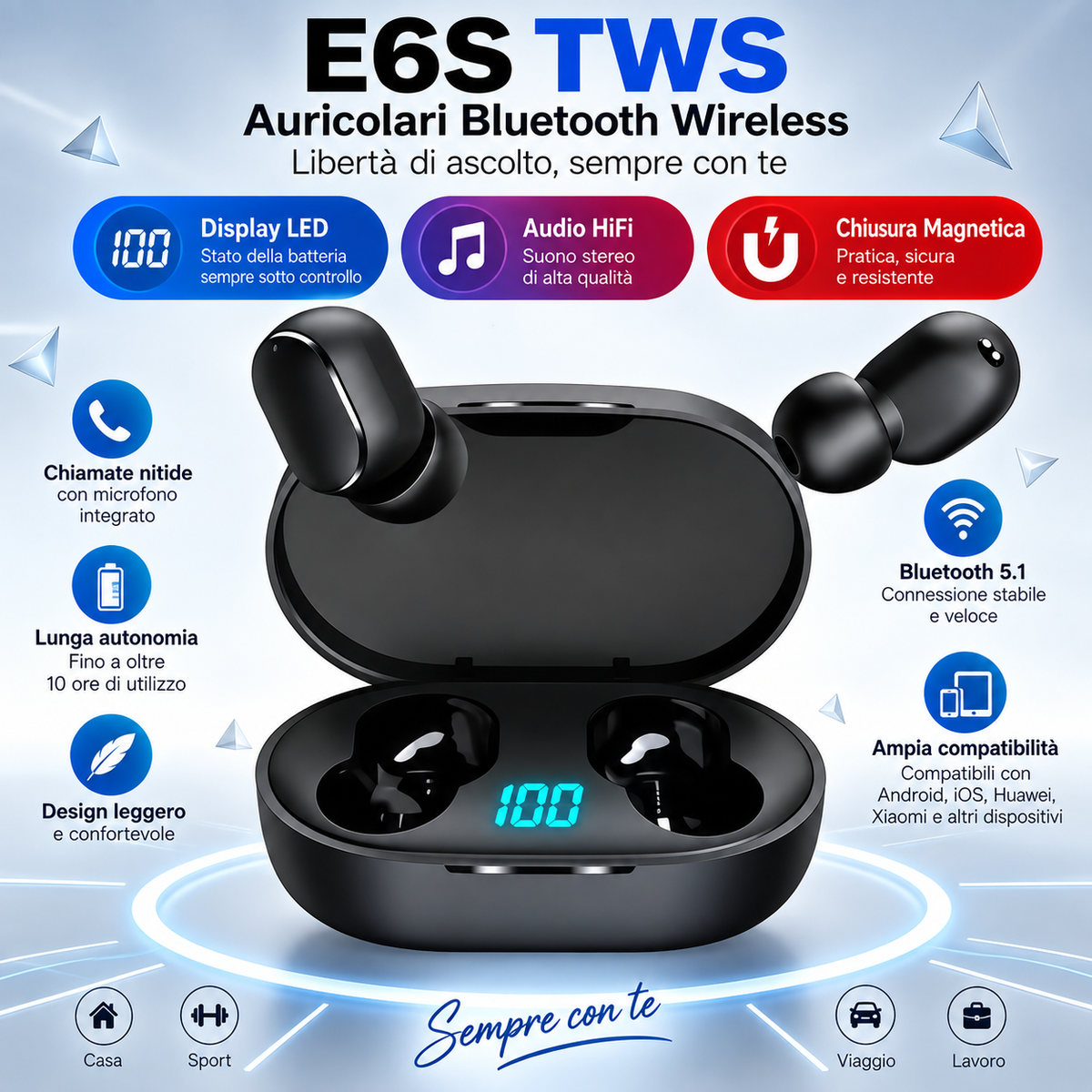 Auricolari Wireless TWS E6S Bluetooth 5.0 con Microfono, Custodia di Ricarica e Riduzione del Rumore