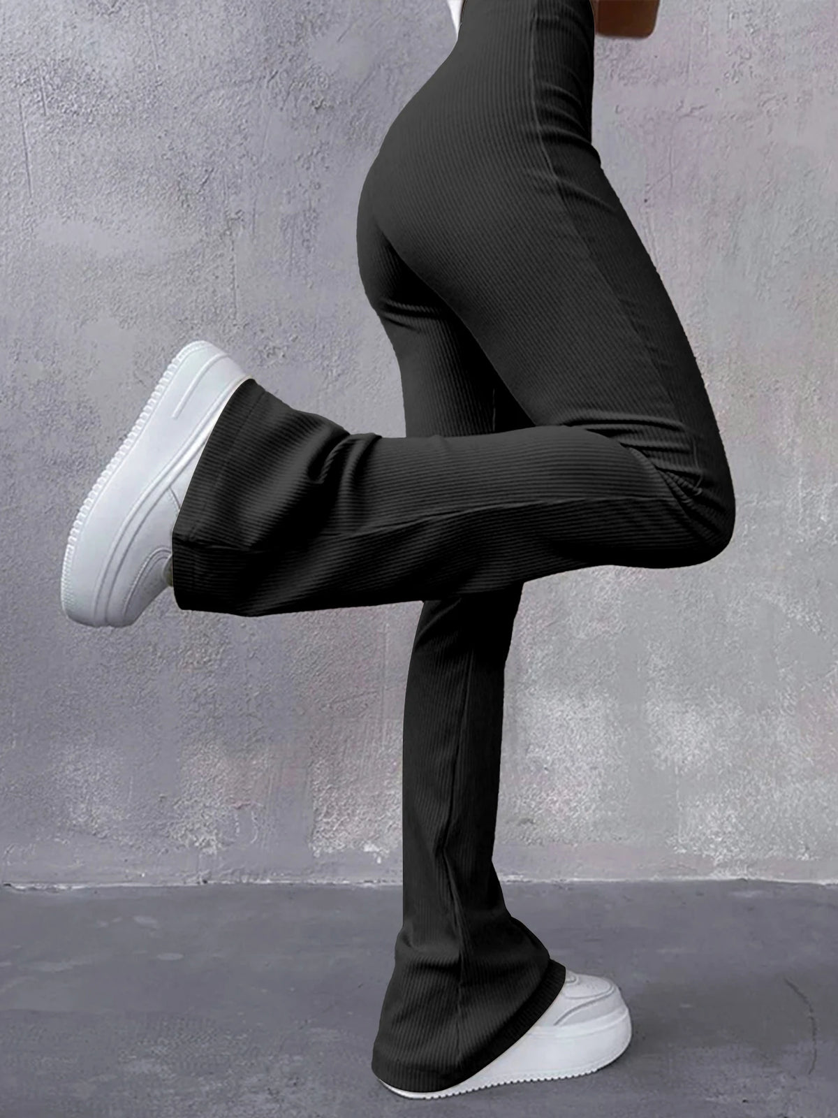 Pantaloni Donna Sexy Slim a Costine, Tinta Unita, Vita Alta e Gamba a Zampa
