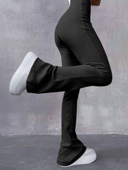 Pantaloni Donna Sexy Slim a Costine, Tinta Unita, Vita Alta e Gamba a Zampa