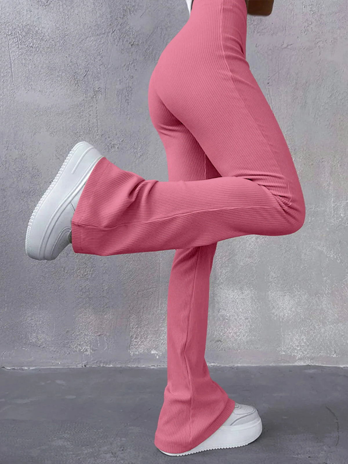 Pantaloni Donna Sexy Slim a Costine, Tinta Unita, Vita Alta e Gamba a Zampa
