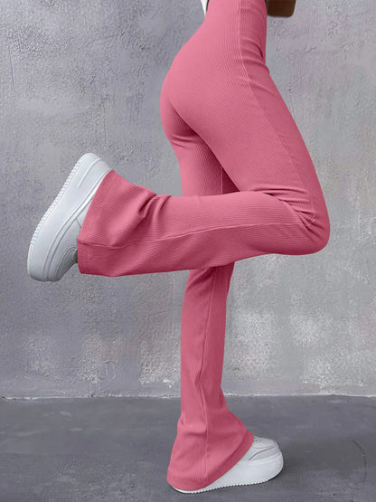 Pantaloni Donna Sexy Slim a Costine, Tinta Unita, Vita Alta e Gamba a Zampa