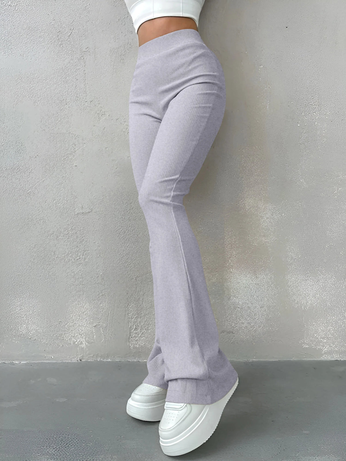 Pantaloni Donna Sexy Slim a Costine, Tinta Unita, Vita Alta e Gamba a Zampa