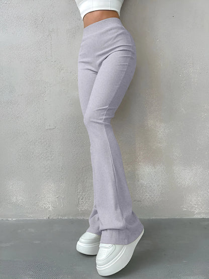 Pantaloni Donna Sexy Slim a Costine, Tinta Unita, Vita Alta e Gamba a Zampa
