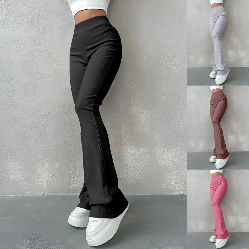 Pantaloni Donna Sexy Slim a Costine, Tinta Unita, Vita Alta e Gamba a Zampa