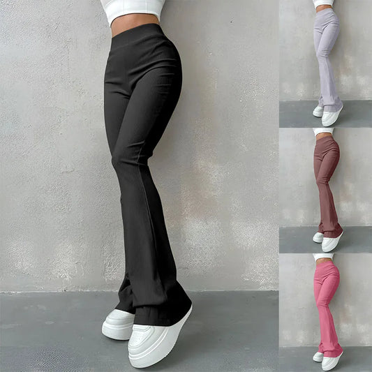 Pantaloni Donna Sexy Slim a Costine, Tinta Unita, Vita Alta e Gamba a Zampa