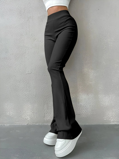 Pantaloni Donna Sexy Slim a Costine, Tinta Unita, Vita Alta e Gamba a Zampa