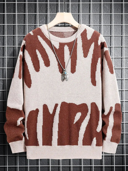 Maglione Uomo Jacquard a Contrasto – Pullover Girocollo Casual Autunno/Inverno