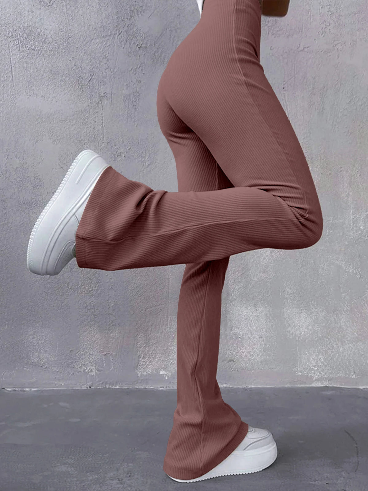 Pantaloni Donna Sexy Slim a Costine, Tinta Unita, Vita Alta e Gamba a Zampa