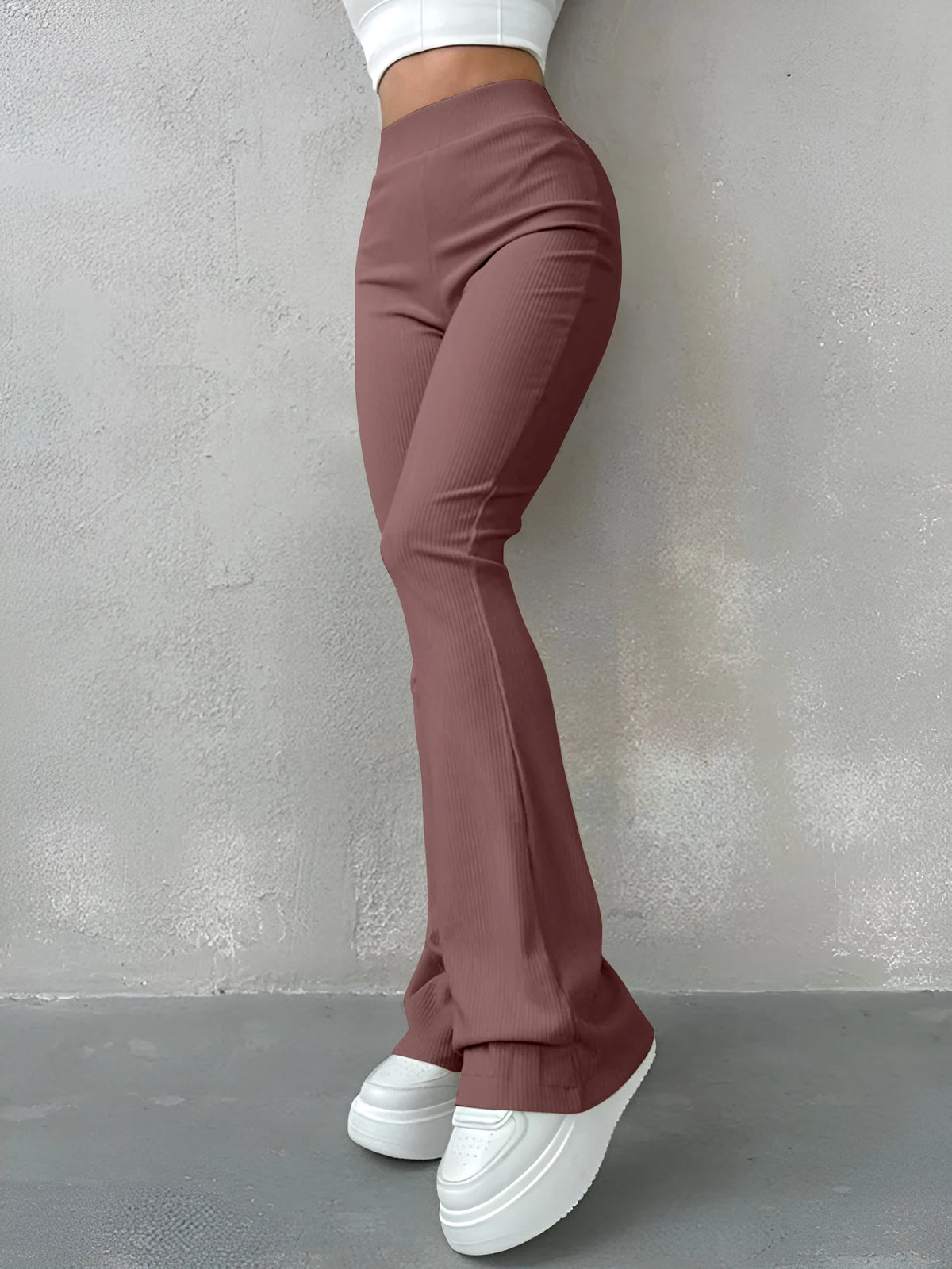 Pantaloni Donna Sexy Slim a Costine, Tinta Unita, Vita Alta e Gamba a Zampa