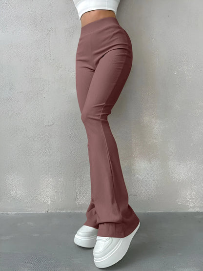 Pantaloni Donna Sexy Slim a Costine, Tinta Unita, Vita Alta e Gamba a Zampa