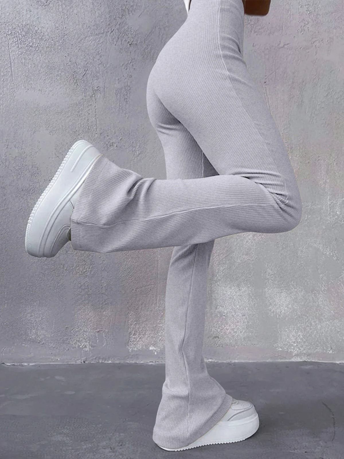 Pantaloni Donna Sexy Slim a Costine, Tinta Unita, Vita Alta e Gamba a Zampa