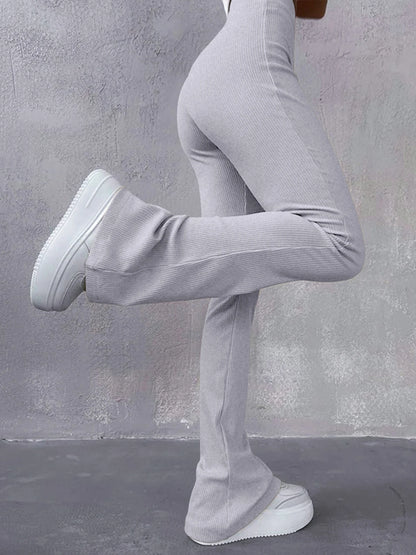 Pantaloni Donna Sexy Slim a Costine, Tinta Unita, Vita Alta e Gamba a Zampa