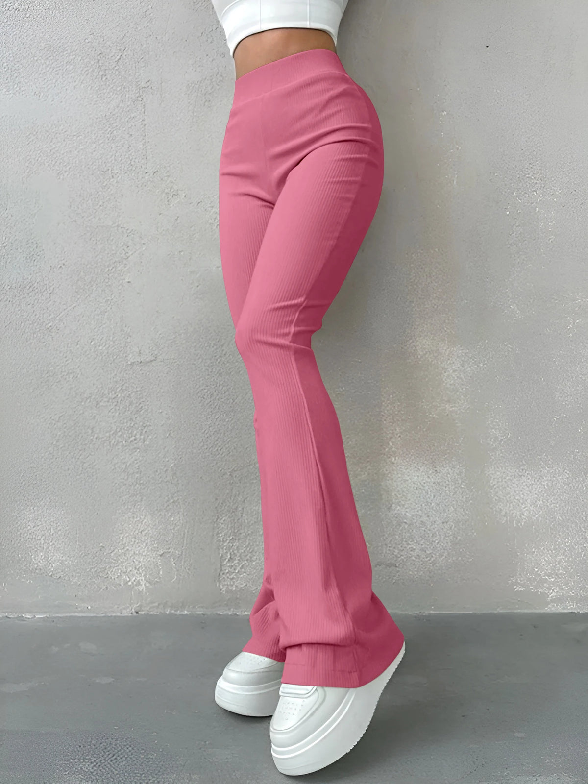 Pantaloni Donna Sexy Slim a Costine, Tinta Unita, Vita Alta e Gamba a Zampa