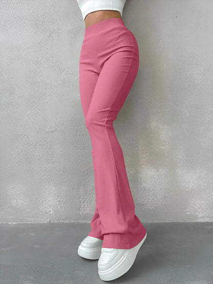 Pantaloni Donna Sexy Slim a Costine, Tinta Unita, Vita Alta e Gamba a Zampa