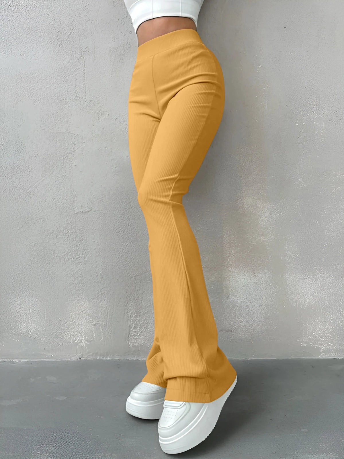 Pantaloni Donna Sexy Slim a Costine, Tinta Unita, Vita Alta e Gamba a Zampa