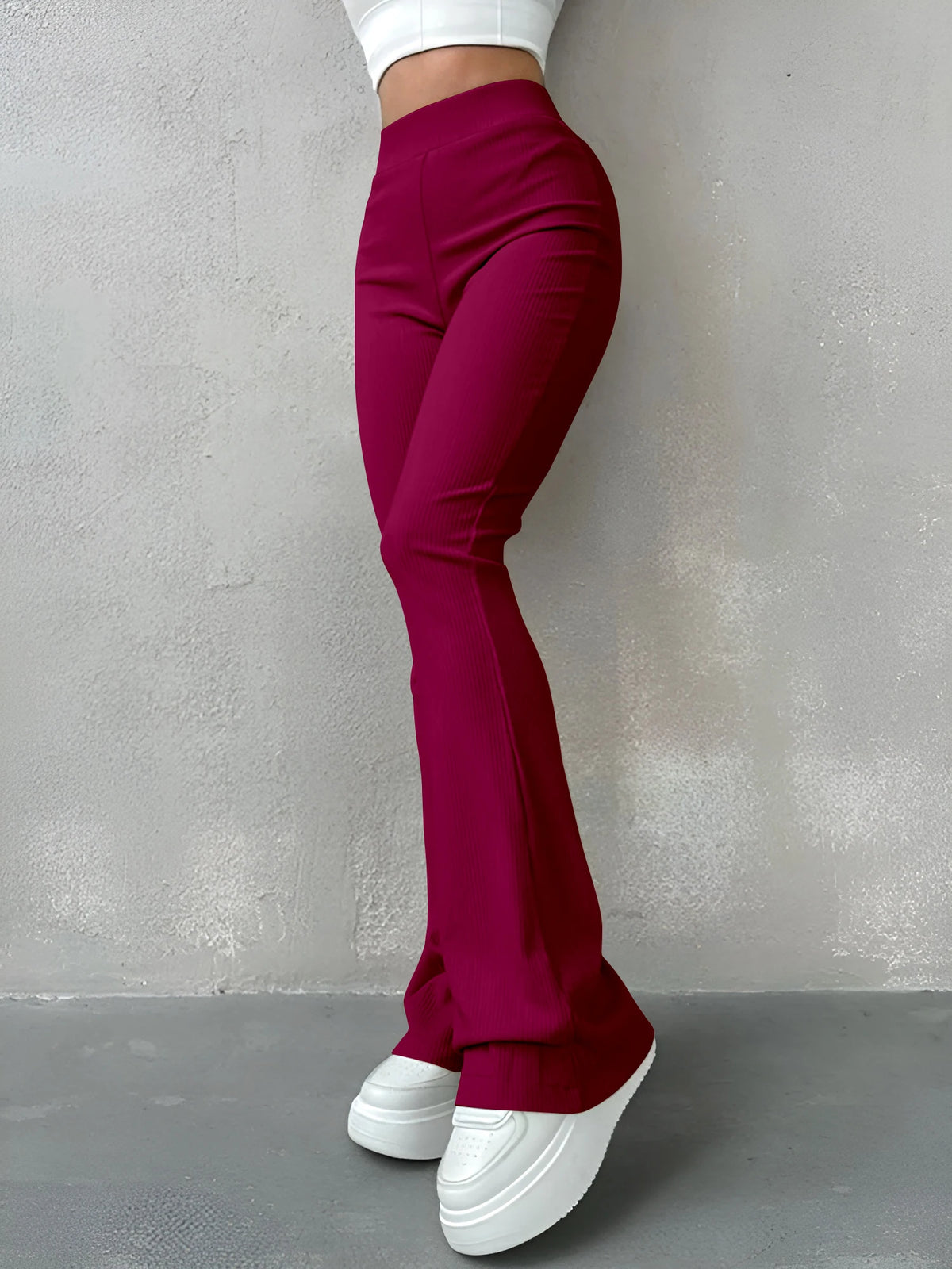 Pantaloni Donna Sexy Slim a Costine, Tinta Unita, Vita Alta e Gamba a Zampa
