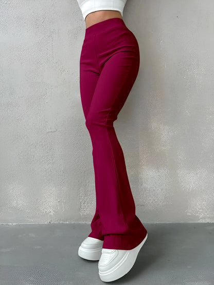 Pantaloni Donna Sexy Slim a Costine, Tinta Unita, Vita Alta e Gamba a Zampa